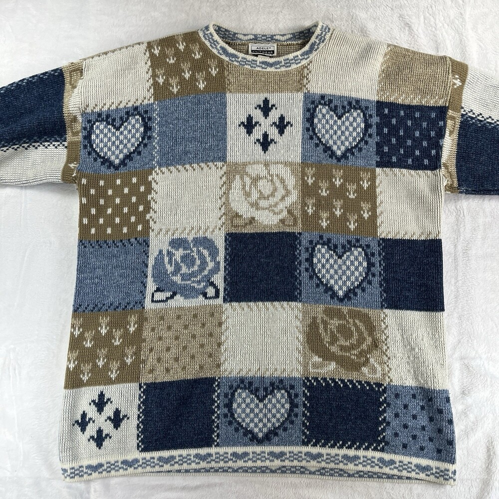 Vtg 80s Adele Knitwear Patchwork Sweater XL Blue Hearts Cottagecore 3/4 Sleeve